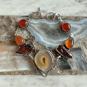 2138 Artisan Silver and Brown Agate Stone Bracelet